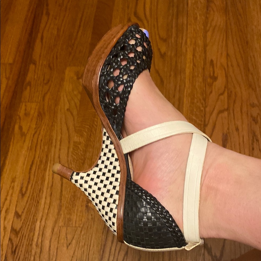 Leifsdottir Black and White Heels with Stylish Ankle Strap (Anthropologie) 6.5